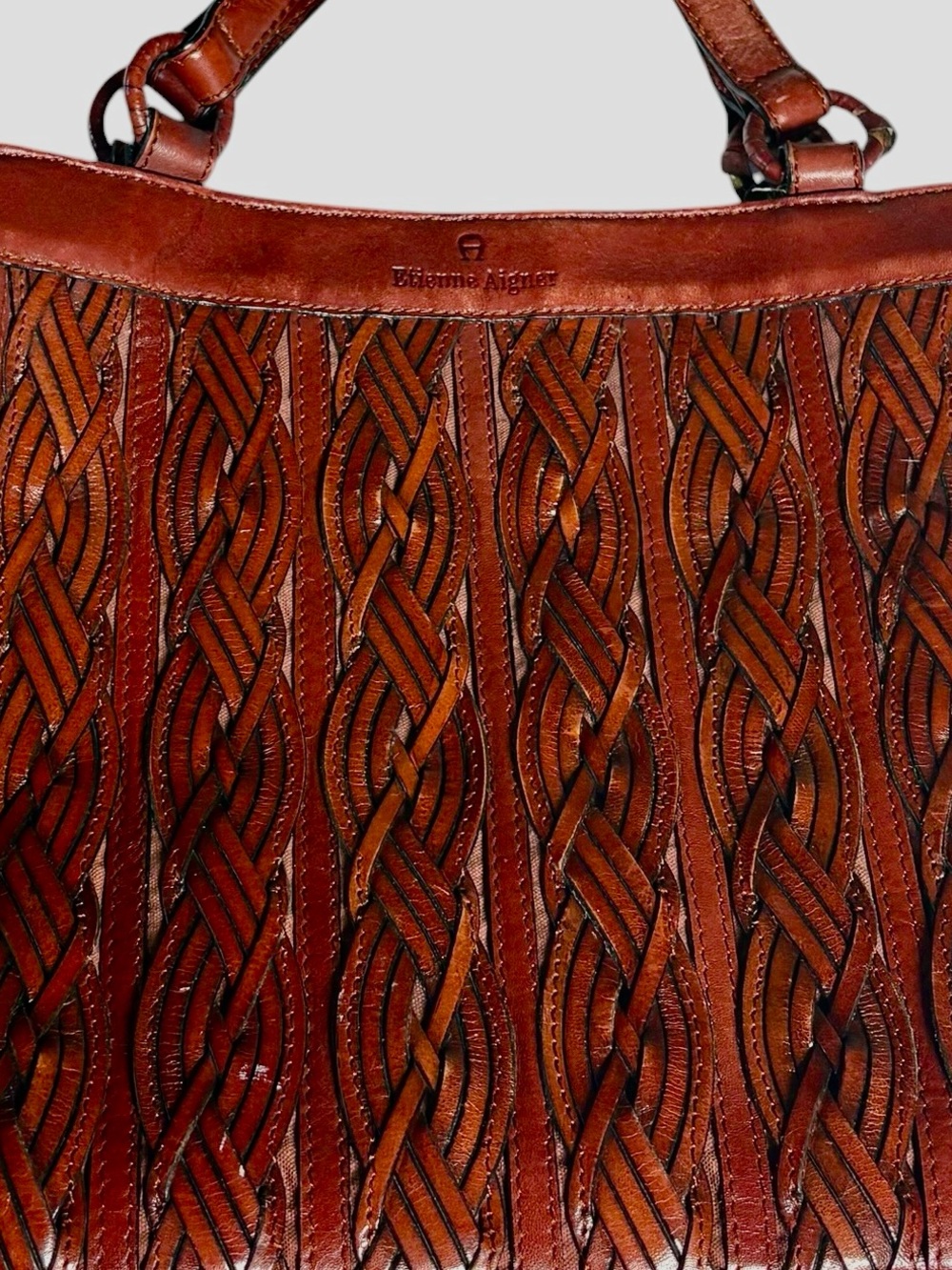 Vintage Etienne Aigner Brown Leather Woven Braided Tote Shoulder Bag - Picture 10 of 12
